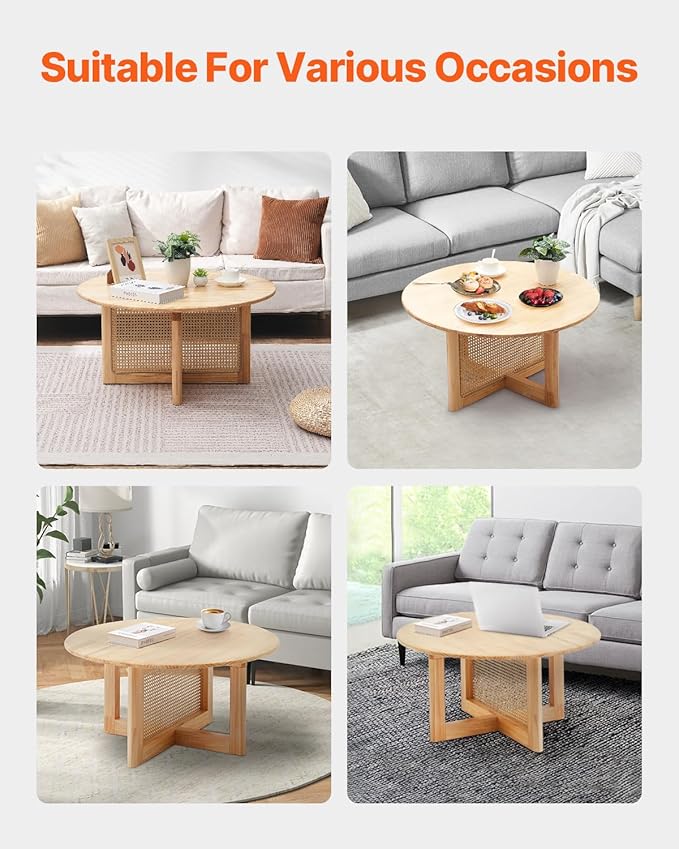 VEVOR Rattan Coffee Table, Round Woven With Rubber Wood Top, 33 in Modern Boho Circular Storage Table With Natural Legs, for Living Room, Bedroom & Small Spaces