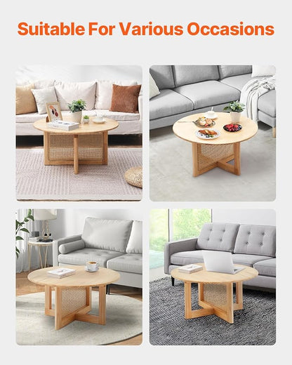 VEVOR Rattan Coffee Table, Round Woven With Rubber Wood Top, 33 in Modern Boho Circular Storage Table With Natural Legs, for Living Room, Bedroom & Small Spaces