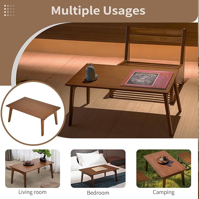 Folding Floor Table Low Coffee Table for Sitting On The Floor Japanese Floor Table No Assembly Tatami FoldableTable for Living Room Home Office (Walnut, Small)