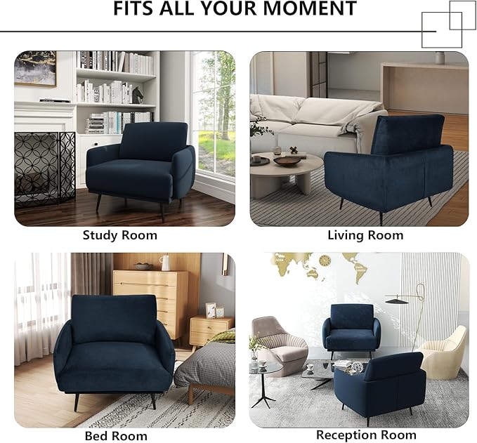 Oversized Accent Chair for Living Room Chairs Reading Arm Chair Comfy Modern Single Sofa Side Chairs with Metal Legs & Soft Cushion for Bedroom, Waiting Room (Velvet Navy Blue, Set of 1)