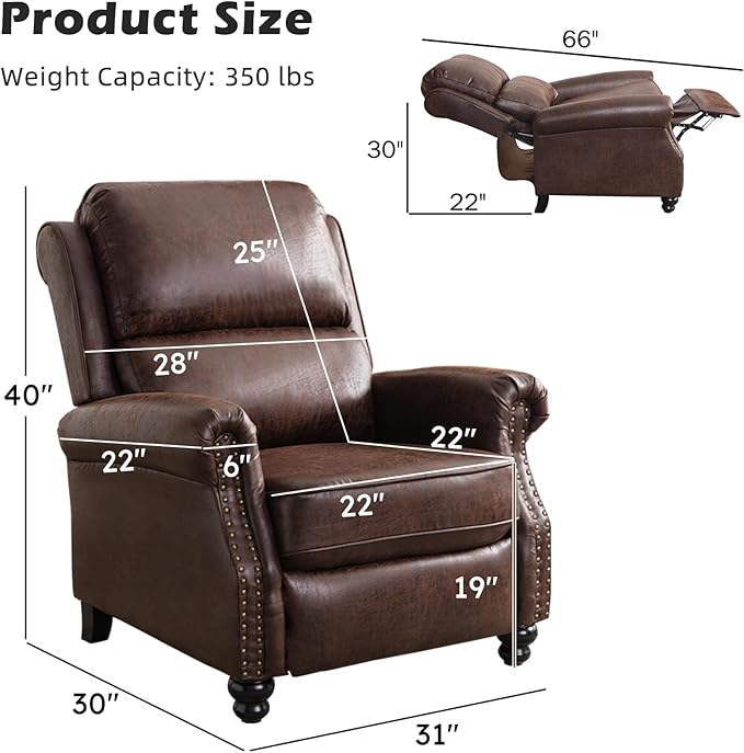 Push Back Recliner Chair Faux Leather Lounge Armchair with Rivet Decoration Wingback Single Sofa Chair with Padded Seat Solid Wood Legs for Living Room, Comfy Upholstered Set of 2, Red Brown