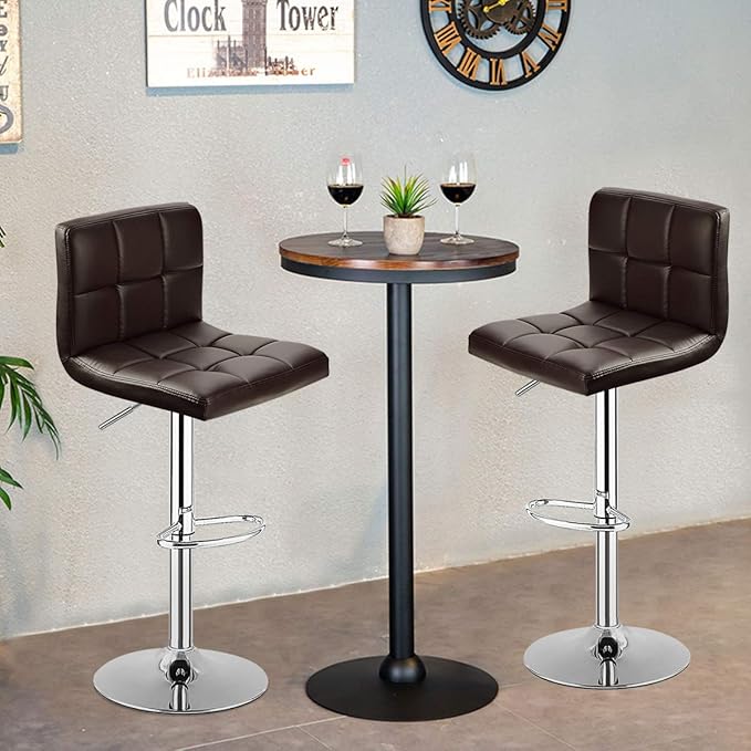 COSTWAY Adjustable Height PU Leather Barstools Set of 2, Brown