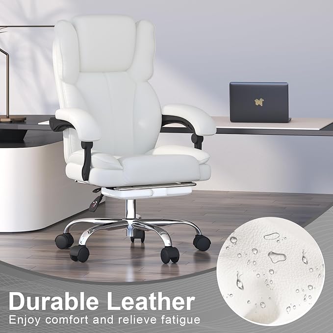 Big and Tall Office Chair, Executive Home Office Desk Chair, Leather Computer Chair with Retractable Footrest, Adjustable Headrest and Reclining Height, Padded Arms, 360°Swivel Free, Wide Seat, White