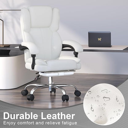 Big and Tall Office Chair, Executive Home Office Desk Chair, Leather Computer Chair with Retractable Footrest, Adjustable Headrest and Reclining Height, Padded Arms, 360°Swivel Free, Wide Seat, White