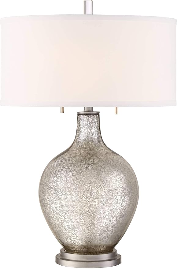 Possini Euro Design Louie 28 1/2" Tall Modern Luxe End Table Lamp Silver Mercury Glass Single Fabric White Shade Living Room Bedroom Bedside Nightstand House Office Home Reading Kitchen Entryway