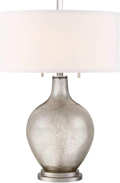Possini Euro Design Louie 28 1/2" Tall Modern Luxe End Table Lamp Silver Mercury Glass Single Fabric White Shade Living Room Bedroom Bedside Nightstand House Office Home Reading Kitchen Entryway