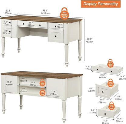 WAMAPT Farmhouse Executive Desk with 5 Drawers, Home Office Desk with Charging Station, Wood Computer Desk with File Cabinet Storage, Door, Open Shelf for Work and Study, White, 55 inch