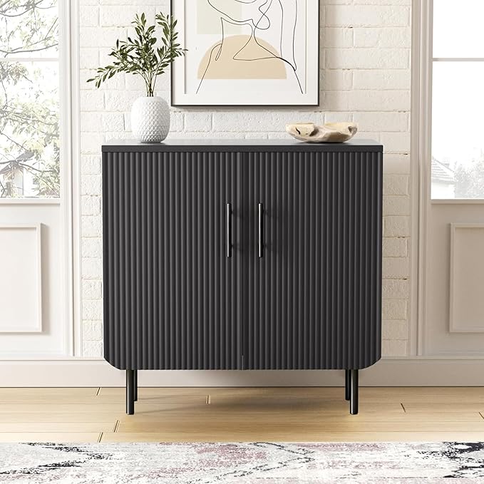Modern Fluted Black Storage Cabinet with 2 Doors, Adjustable Shelves, and Metal Legs, Accent Buffet Sideboard for Living Room, Dining Room, Entryway (Black)