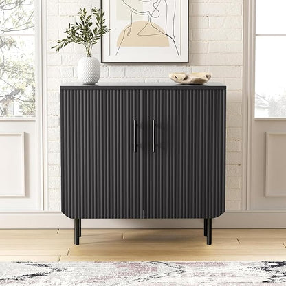 Modern Fluted Black Storage Cabinet with 2 Doors, Adjustable Shelves, and Metal Legs, Accent Buffet Sideboard for Living Room, Dining Room, Entryway (Black)