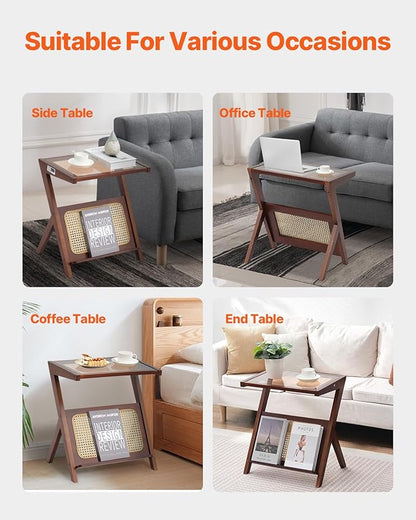 VEVOR End Table, Z-Shaped Rattan Woven Bamboo Coffee Table with Tempered Glass Top, 20” Modern Boho Storage Coffee Table with Natural Bamboo Legs, for Living Room, Bedroom & Small Spaces
