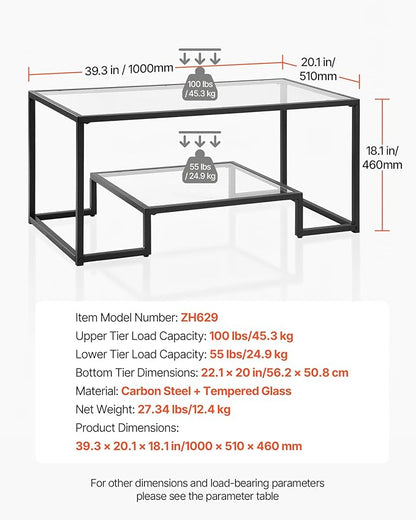 VEVOR Coffee Table, Modern Tempered Glass Coffee Table, 2 Tiers Rectangle Glass Center Desk with Open Storage, Minimalist Sturdy Metal Frame Accent End Desk for Living Room, Office, Easy Assembly
