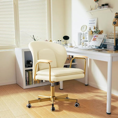 Furniliving Leather Home Office Desk Chairs，Comfy Office Chair, Adjustable Swivel Computer Chair with Golden Legs and Wooden Padded Armrest, Modern Upholstered Task Chair with Wheels,Beige
