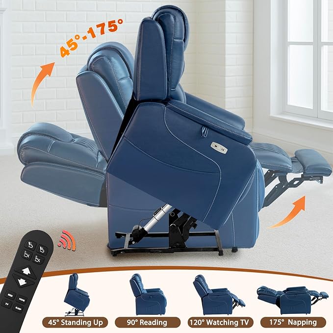 EONIX Triple Motor Lay Flat Power Lift Recliner Chair for Elderly with Massage, 400lbs Electirc Lift Chair for Living Room, Independent Adjustable Backrest Headrest, Entended Footrest, Navy Blue