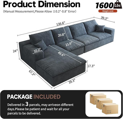 136.6'' L-Shaped Modern Modular Sectional Cloud Couch, 4-Seat Chenille Deep-Seat Sofa with Pillow for Living Room, Bedroom, Apartment, Ocean Blue