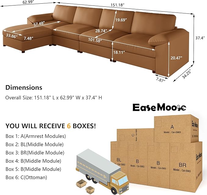 EASE MOOSE Oversized Modular Sectional Sofa,Modern Deep Seat Faux Leather Sectional,Extra Large L Shaped Couch,Comfy Scratch Resistant Material,Brown