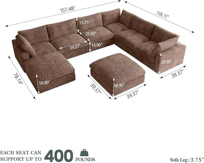 Cloud Modular Sectional Sofa Couch, 8 Seater Oversized Couch, 157.4" U-Shaped Convertible Couches with 2 Ottomans, Deep Sofa Couches for Living Room, Washable & Replaceable Covers, Brown