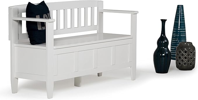 SIMPLIHOME Brooklyn Entryway Storage Bench - 48 inch Wide Solid Wood Storage Seat in White, Contemporary Bench for Entryway or Living Room with Lift-Up Lid and Slatted Backrest
