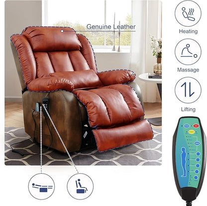 MAEVIS Large Genuine Leather Power Lift Chairs, Dual Motor Recliner for Elderly,Extended Footrest and Lumbar Pillow for Tall Man,with Heat and Massage, USB and Type-C Ports(Ochre)