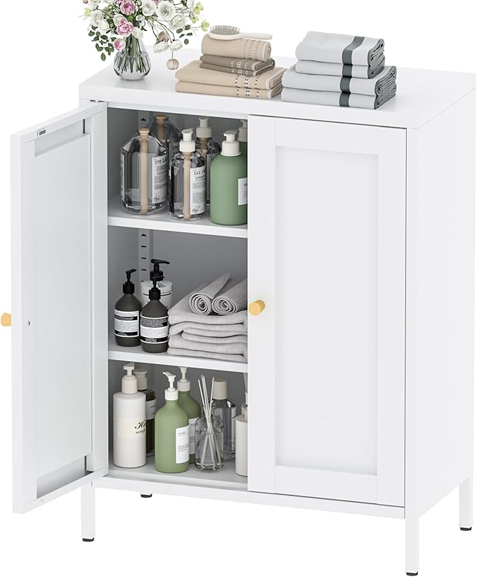 Bathroom Storage Cabinet, Metal Sideboard Cabinet, White Bathroom Floor Cabinets with 2 Doors and Adjustable Shelves for Kitchen, Living Room, Entryway,Office (White, 31.5" H)