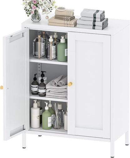Metal Bathroom Storage Cabinet,Bathroom Floor Storage Cabinet with 2 Adjustable Shelves and 2 Doors,Freestanding Sideboard for Small Spaces, Living Room, Home Office, Dining Room,White