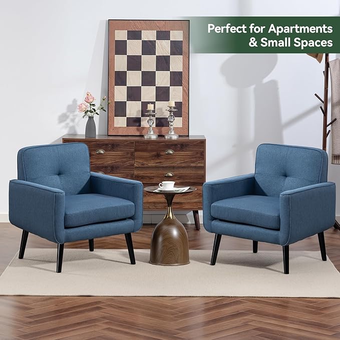 Accent Chair Set of 2, Fabric Modern Chair with Wooden Frame, Cozy Armchair Reading Chair with Comfy Back for Apartment, Living Room, Bedroom, Waiting Room, Small Space, Corner, Blue