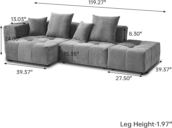 WJShome 119" L Shaped Sectional Couch,Modern Modular Sofa with Ottoman,Linen Deep Loveseat with Pillows Couches for Living Room, Bedroom and Apartment,Gray