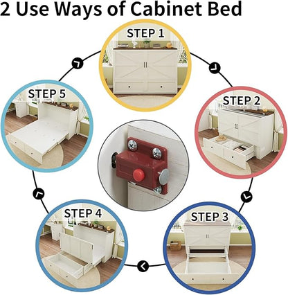 Murphy Bed with Charging Station, Queen Size Cabinet Bed with Large Storage Drawer for Home Office or Small Room, Hideaway Full Foldable Platform Bed, White