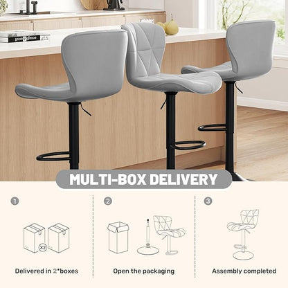 Bar Stools Set of 3,Adjustable Swivel Barstools, Faux Leather Bar Chairs,Upholstered Counter Height with High Backrest for Kitchen Island, Light Grey