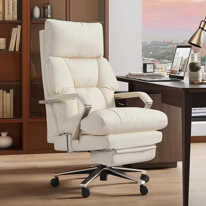Reclining Office Chair with Footrest - 25.6" Wide Seat & Adjustable Seat Depth, Big and Tall High Back Leather Executive Home Office Desk Chair 400lbs, Cream