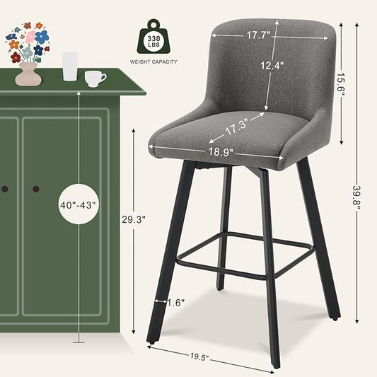 Swivel Bar Stools Set of 2, 30''H Upholstered Barstools with Backs, Modern Counter Height Bar Stool Chairs for Kitchen Island, Metal Legs, Fabric, Gray Counter Stools