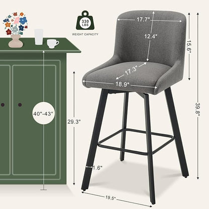 Swivel Bar Stools Set of 4, 30''H Upholstered Barstools with Backs, Modern Counter Height Bar Stool Chairs for Kitchen Island, Metal Legs, Fabric, Gray Counter Stools
