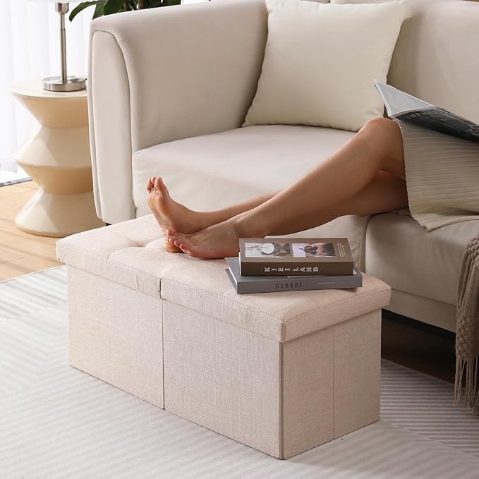 CUYOCA Storage Ottoman Bench Foldable Seat Footrest Shoe Bench End of Bed Storage with Flipping Lid, 75L Storage Space, 30 inches Linen Fabric Sandy Beige