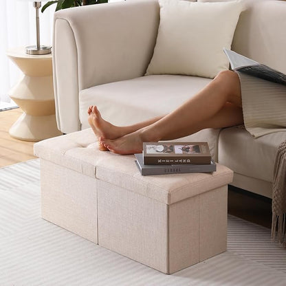 CUYOCA Storage Ottoman Bench Foldable Seat Footrest Shoe Bench End of Bed Storage with Flipping Lid, 75L Storage Space, 30 inches Linen Fabric Sandy Beige