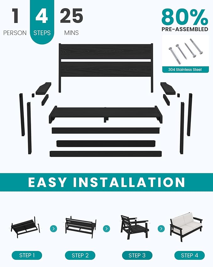 SERWALL Outdoor Loveseat, Black Frame and Khaki Cushion