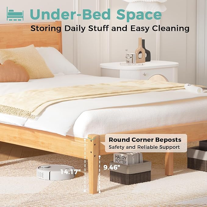 Full Bed Frame with Headboard, Malaysian Oak Bed with Classic Wood Finish, Wooden Platform Bed Frame with Storage, No Box Spring Needed, Easy Assembly, Full Size, Rustic Pine