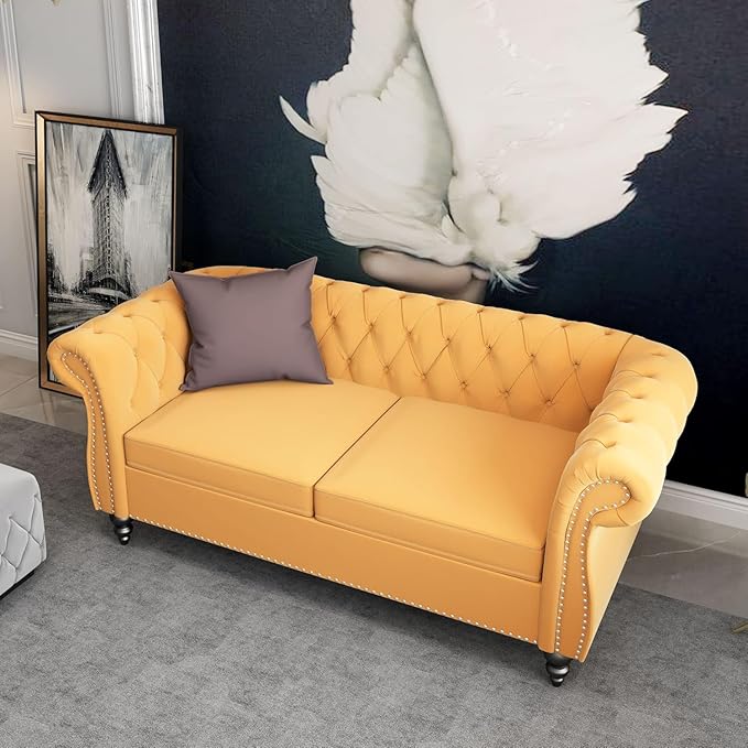 Chesterfield Loveseat Sofa, Modern Velvet Small Sofa Couch 2 Seater with Rolled Arms and Nailhead, Mid Century Modern Loveseat Couch for Small Spaces Living Room Bedroom Apartment, Yellow