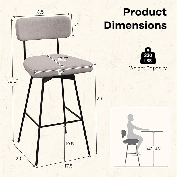 COSTWAY Bar Stools Set of 2, 29” Upholstered Bar Height Chairs with Back, 360° Swivel Bar Chairs with Heavy-Duty Metal Legs and Footrests, Fabric Seat for Kitchen Island, Dining Room, Bar (2, Beige)