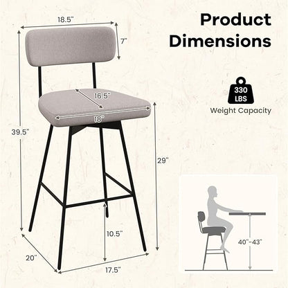 COSTWAY Bar Stools Set of 2, 29” Upholstered Bar Height Chairs with Back, 360° Swivel Bar Chairs with Heavy-Duty Metal Legs and Footrests, Fabric Seat for Kitchen Island, Dining Room, Bar (2, Beige)