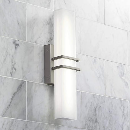 Possini Euro Design Exeter Modern Art Deco Wall Mount Light LED Brushed Nickel Silver Metal 17" Wide Vanity Fixture Rectangular Silk Screened Glass Shade Decor for Bathroom Over Mirror House Home