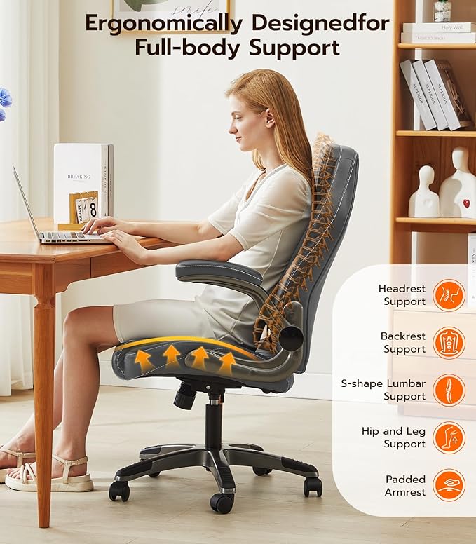 Office Desk Chair, Ergonomic Computer Chair with Padded Flip-Up Arms and Adjustable Lumbar Support, PU Leather Executive Chair with Tilt Lock and 360° Swivel Rolling Wheels for Work, Study