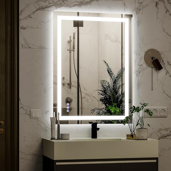 VooBang LED Wall Mounted Mirror with Lights, 24x32 inches Bathroom Mirror, Button to Adjust Lights, Three Lighting Modes, Tempered Glass with Anti-Fog Function, Suitable for Vanity and Bedroom, White