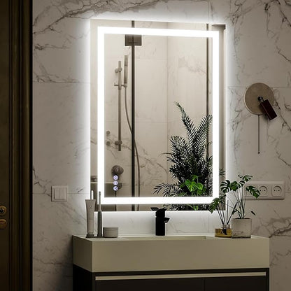 VooBang LED Wall Mounted Mirror with Lights, 24x32 inches Bathroom Mirror, Button to Adjust Lights, Three Lighting Modes, Tempered Glass with Anti-Fog Function, Suitable for Vanity and Bedroom, White
