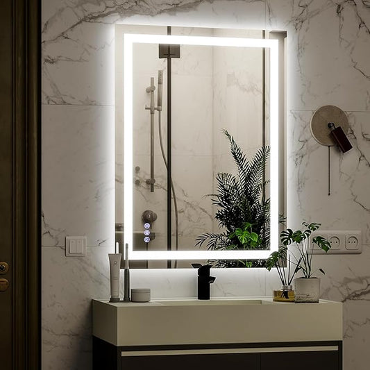 VooBang LED Wall Mounted Mirror with Lights, 24x32 inches Bathroom Mirror, Button to Adjust Lights, Three Lighting Modes, Tempered Glass with Anti-Fog Function, Suitable for Vanity and Bedroom, White