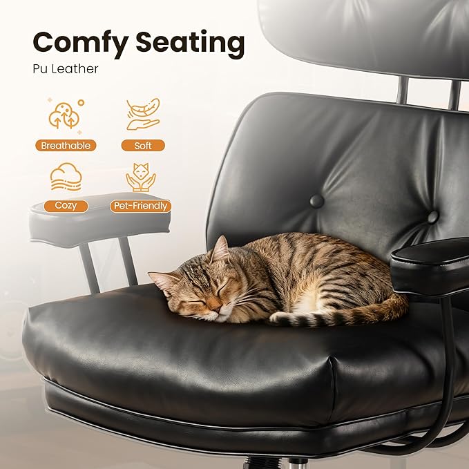 Home Office Desk Chair, Mid-Century Modern Office Chair with Adjustable Lumbar Support, Thickened Cushion Executive Desk Chair with 360 Rolling Swivel for Meeting Game Study Room(Black)