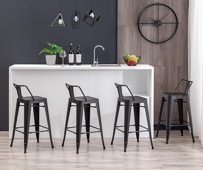 HAOBO Home 24" Low Back Metal Counter Stool Height Bar Stools [Set of 4] for Indoor/Outdoor Barstools, Matte Black