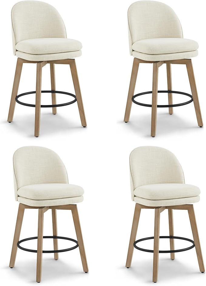 Counter Height Barstools 26 inch Upholstered Swivel Bar Stools with Back and Wood Legs for Kitchen Island,Set of 4,Linen Fabric-Armless