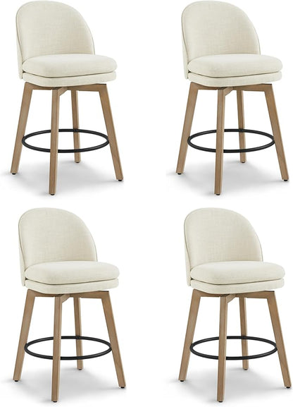 Counter Height Barstools 26 inch Upholstered Swivel Bar Stools with Back and Wood Legs for Kitchen Island,Set of 4,Linen Fabric-Armless