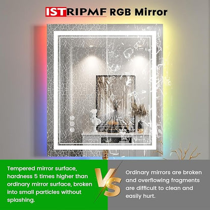32x36 inch LED Bathroom Mirror with RGB Lights Color Changing Backlit Mirror Shatterproof Dimmable Anti-Fog Lighted Vanity Mirror (RGB Multicolor Backlit + Adjustable Front-Lighted)