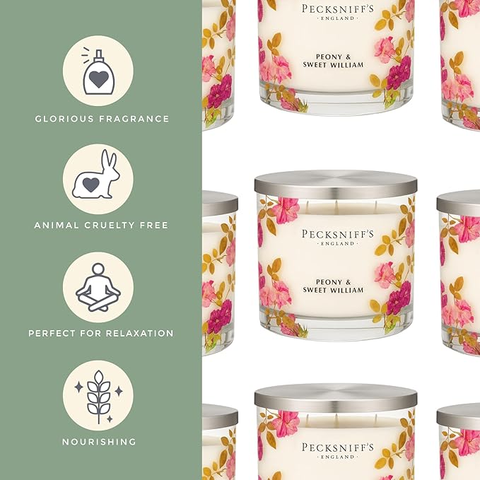 Pecksniff’s 3 Wick Candle – Peony & Sweet William, 550 g / 19.4 oz – Long Lasting Burn, Elegant Home Decor & Relaxing Ambiance