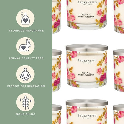 Pecksniff’s 3 Wick Candle – Peony & Sweet William, 550 g / 19.4 oz – Long Lasting Burn, Elegant Home Decor & Relaxing Ambiance